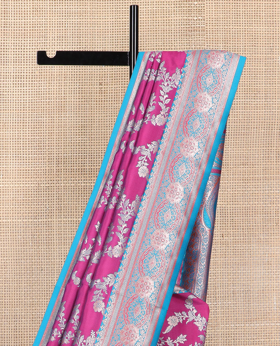 Purple floral jacquard design butter silk saree with contrast intricate zari design border & floral design pallu