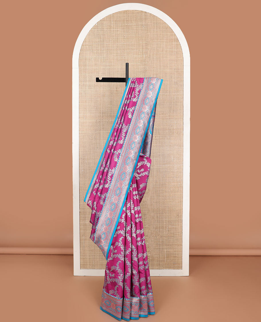 Purple floral jacquard design butter silk saree with contrast intricate zari design border & floral design pallu