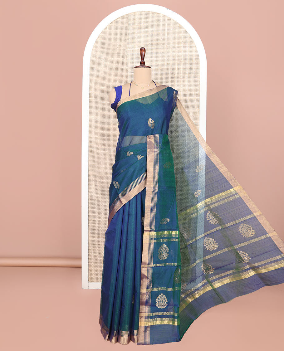 Blue Chanderi Cotton Saree, Featuring Buttas All Over Its Body, Complemented by a Zari Border, Pallu Steeped with Zari Buttas and Stripes, and Paired with a Matching Blouse