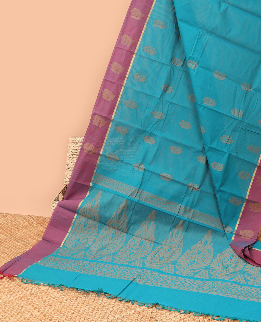 Blue floral motifs kanchi cotton saree with contrast floral design border & floral design pallu