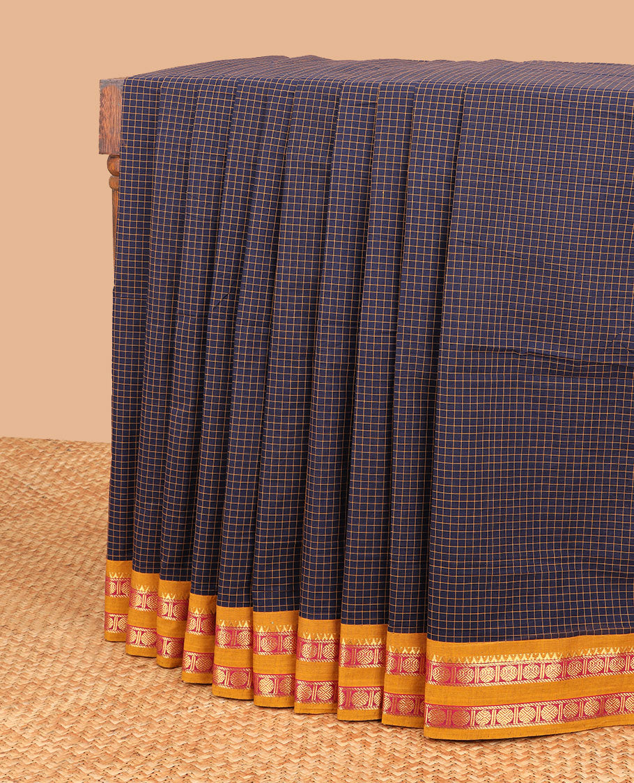 Blue checked nine yards cotton saree with traditional zari design border & checked pallu