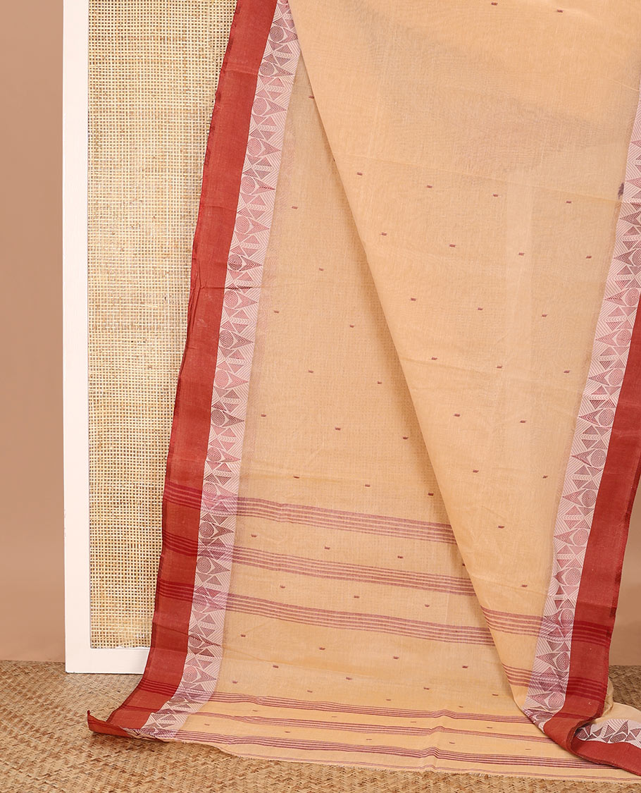 Light orange buttas Bengal cotton saree, contrast geometric border, and pallu of stripes, and buttas