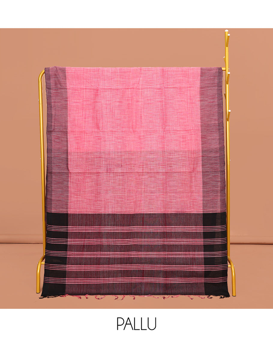 Pink Heathered Textured Mangalgiri Cotton Saree, Complemented by Contrast Border, Striped Pallu, and Paired with a Contrast Blouse