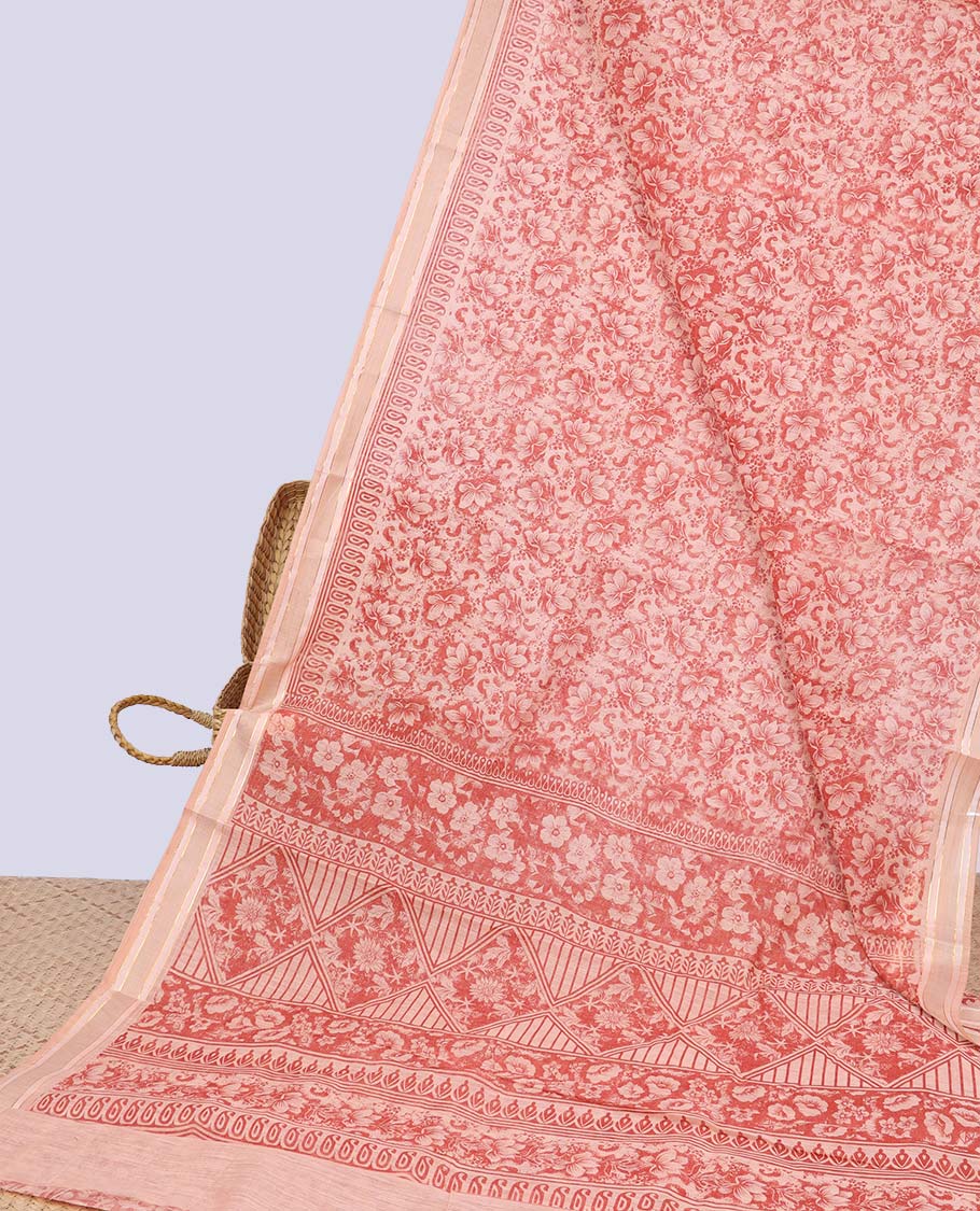 Peach floral printed budget cotton saree, self-border & intricately printed pallu