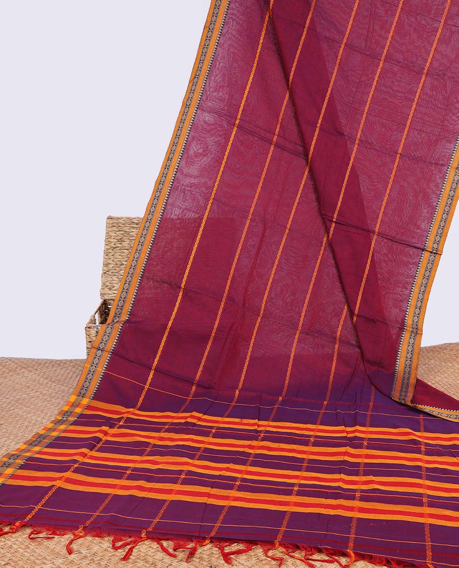 Maroon striped design narayanapet cotton saree with contrast zari design border & checked pallu