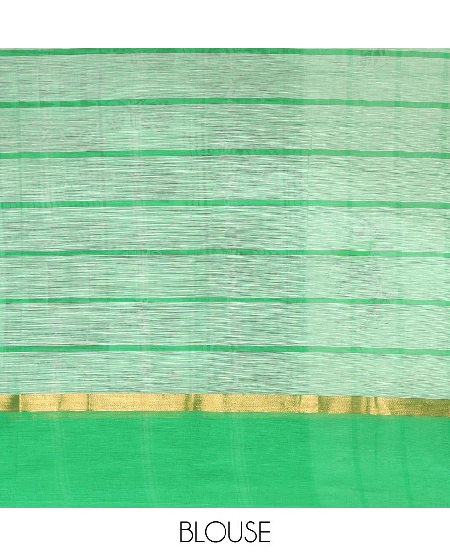 Cream checked and buttas Chirala cotton saree, contrast striped border, and pallu of block print