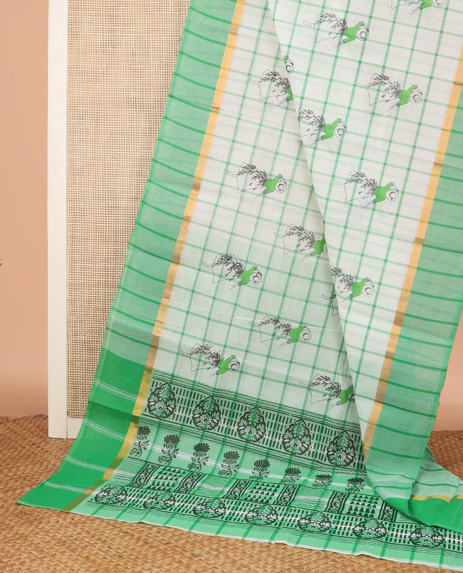 Cream checked and buttas Chirala cotton saree, contrast striped border, and pallu of block print