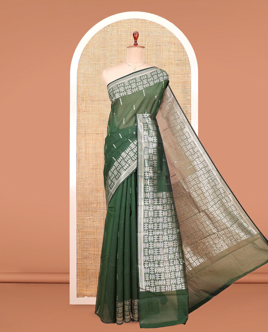 Green Semi-Silk Cotton Saree, Embellished with Buttas All Over Its Body, Highlighted by a Zari Border of Geometric Designs, Pallu of Geometric Designs, and Paired with a Matching Blouse