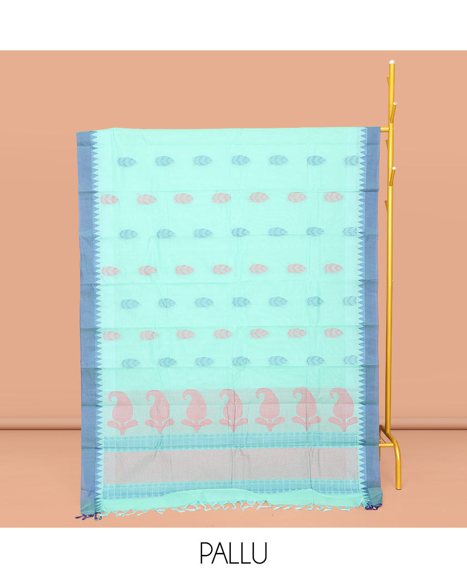 Blue Chettinad Cotton Saree, Adorned with Buttas All Over Its Body, Complemented by a Contrast Temple Border, Pallu of Paisleys, and Paired with a Matching Blouse