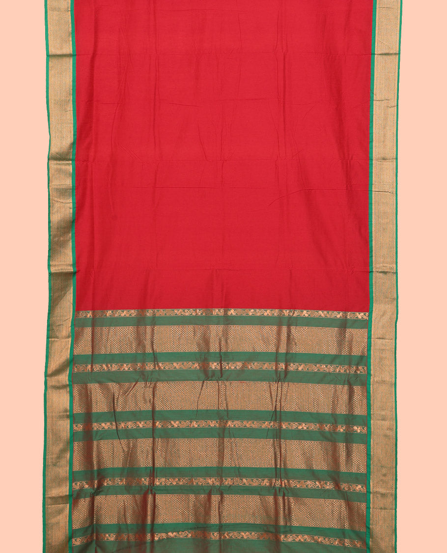 Red Plain Nine Yard Cotton Saree, Complemented by Contrast Then-Kuli Kann Zari Design Border, Pallu of Then-Kuli Kann Designs, and Comes Without a Blouse