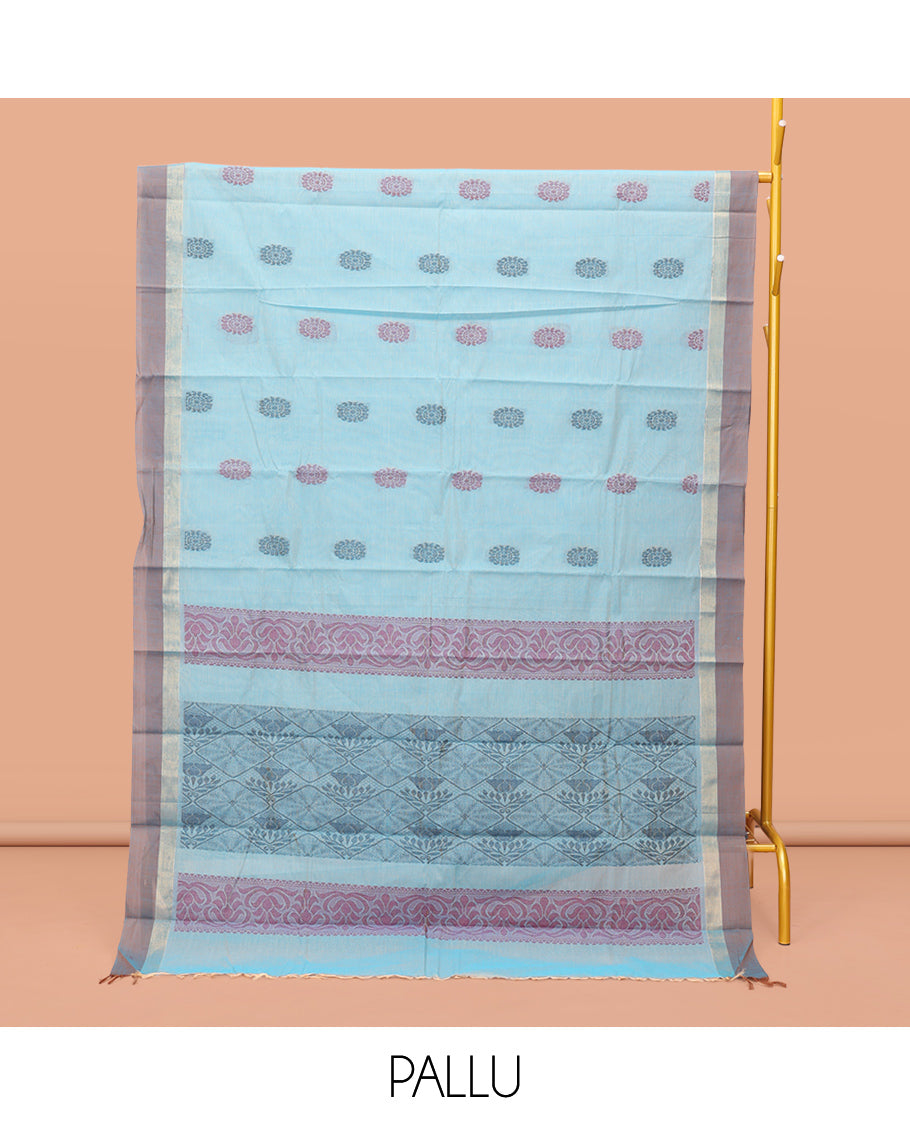 Blue Kanchi Cotton Saree, Featuring Buttas on Its Body, Contrast Border, Pallu of Jaal Design, and a Matching Blouse