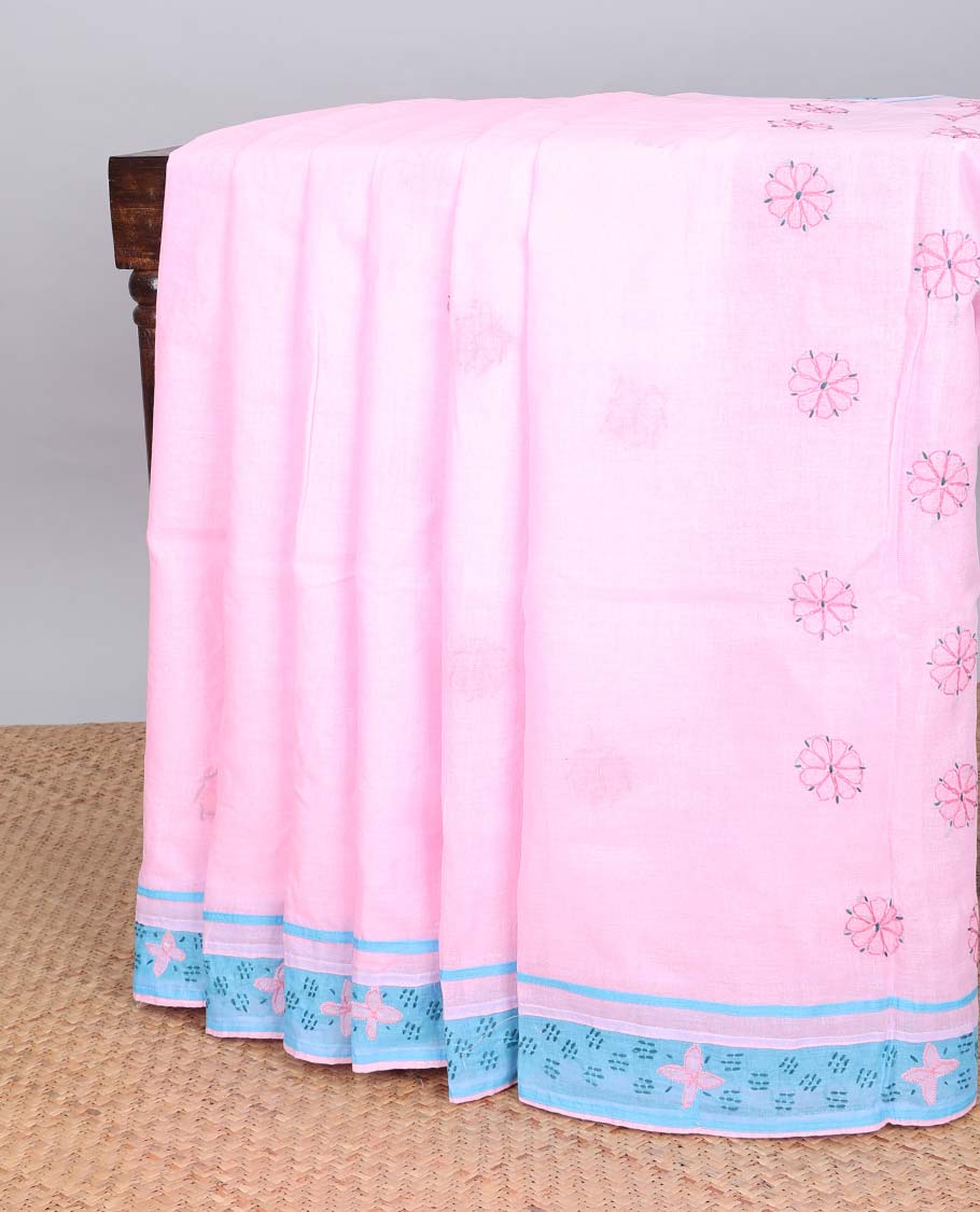 Pink floral embroidery lucknowi chikankari cotton saree, contrast floral border & floral, paisley embroidery pallu