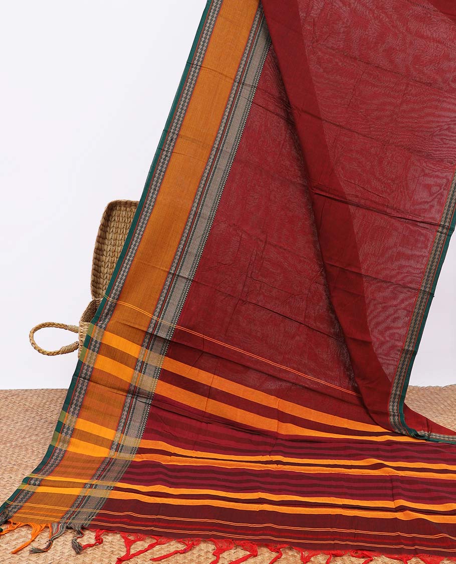 Red narayanapet cotton saree with contrast traditional border and striped pallu