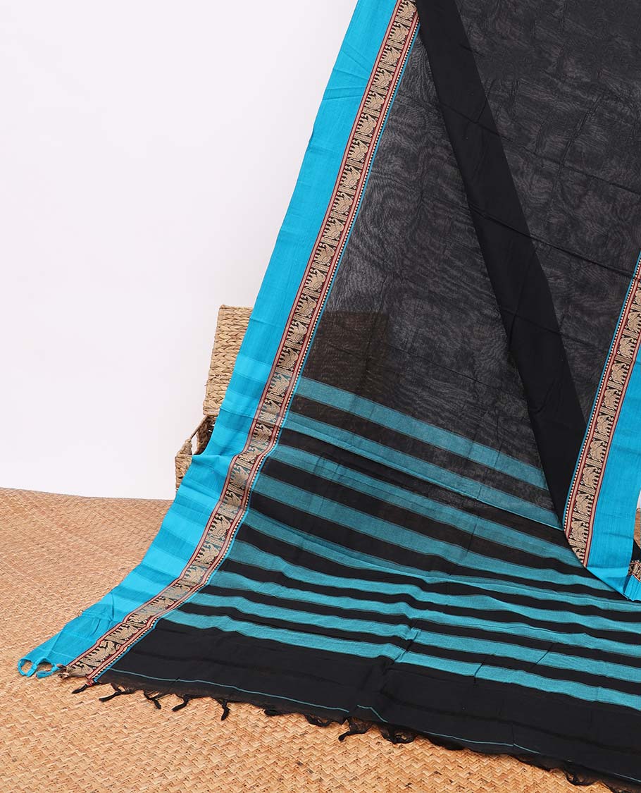 Black narayanapet cotton saree with contrast elephant zari design border & striped pallu