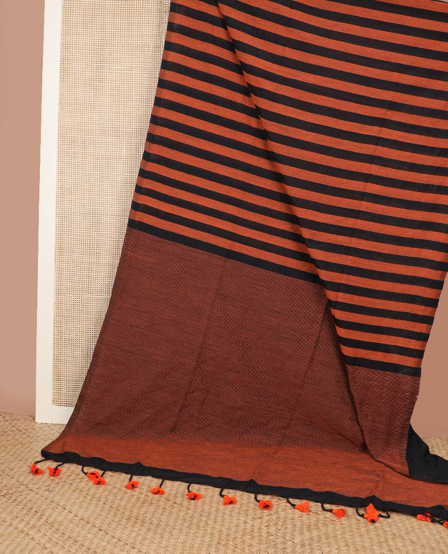 Borderless black & rust color striped Kadhi cotton saree, plain design pallu