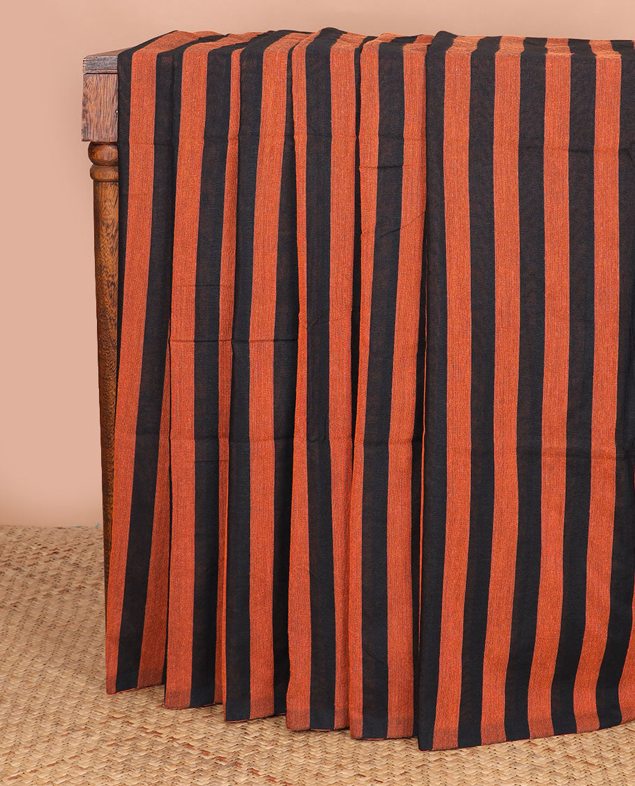 Borderless black & rust color striped Kadhi cotton saree, plain design pallu
