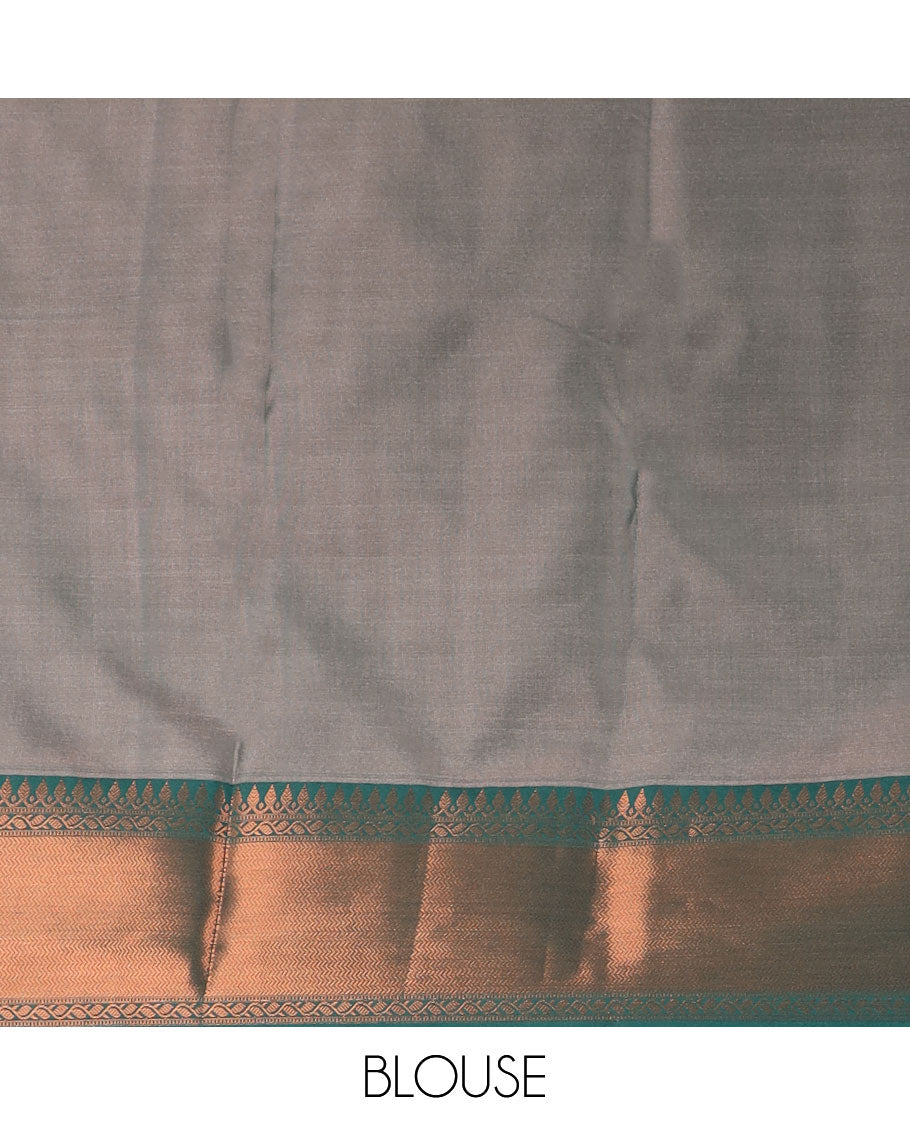 Grey jacquard semi-silk cotton saree, contrast traditional zari border & intricate pallu