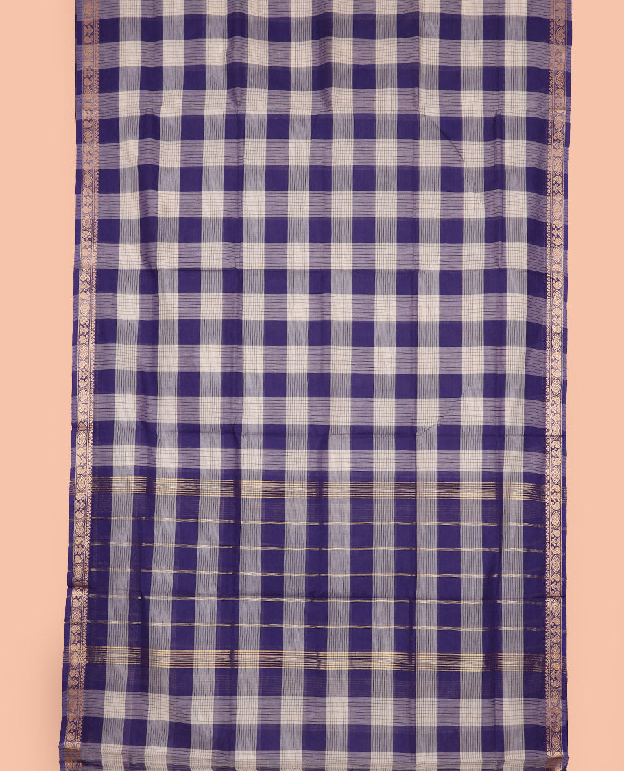 Multi-color checked nine-yard cotton saree, traditional motifs woven border, and striped pallu
