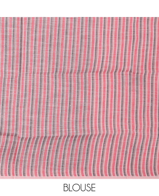 Borderless light candy pink striped and geometric buttas cotton saree, contrast geometric maze like printed pallu