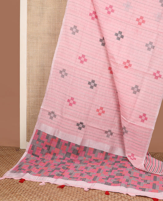 Borderless light candy pink striped and geometric buttas cotton saree, contrast geometric maze like printed pallu