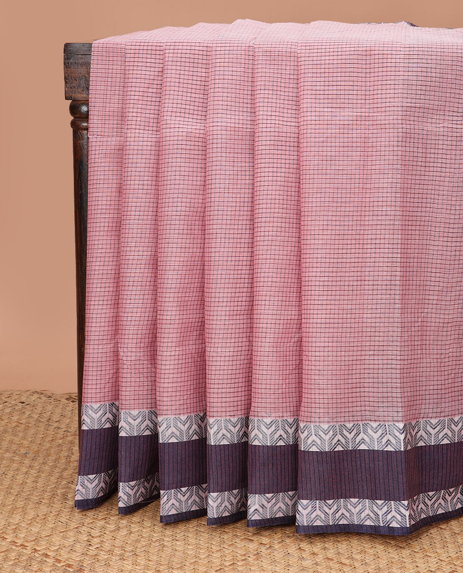 Pale pink micro-checked Bengal cotton saree, contrast geometric patterned border, and striped pallu