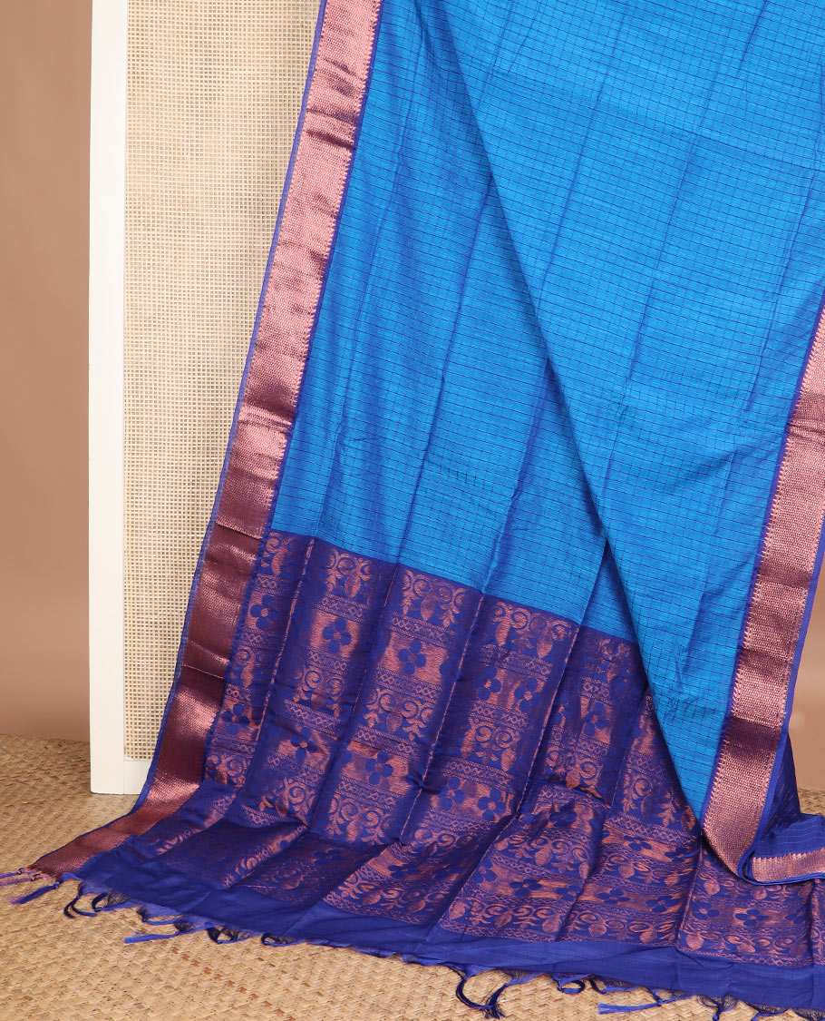 Blue micro checked chirala cotton saree, contrast traditional zari border, and zari design pallu