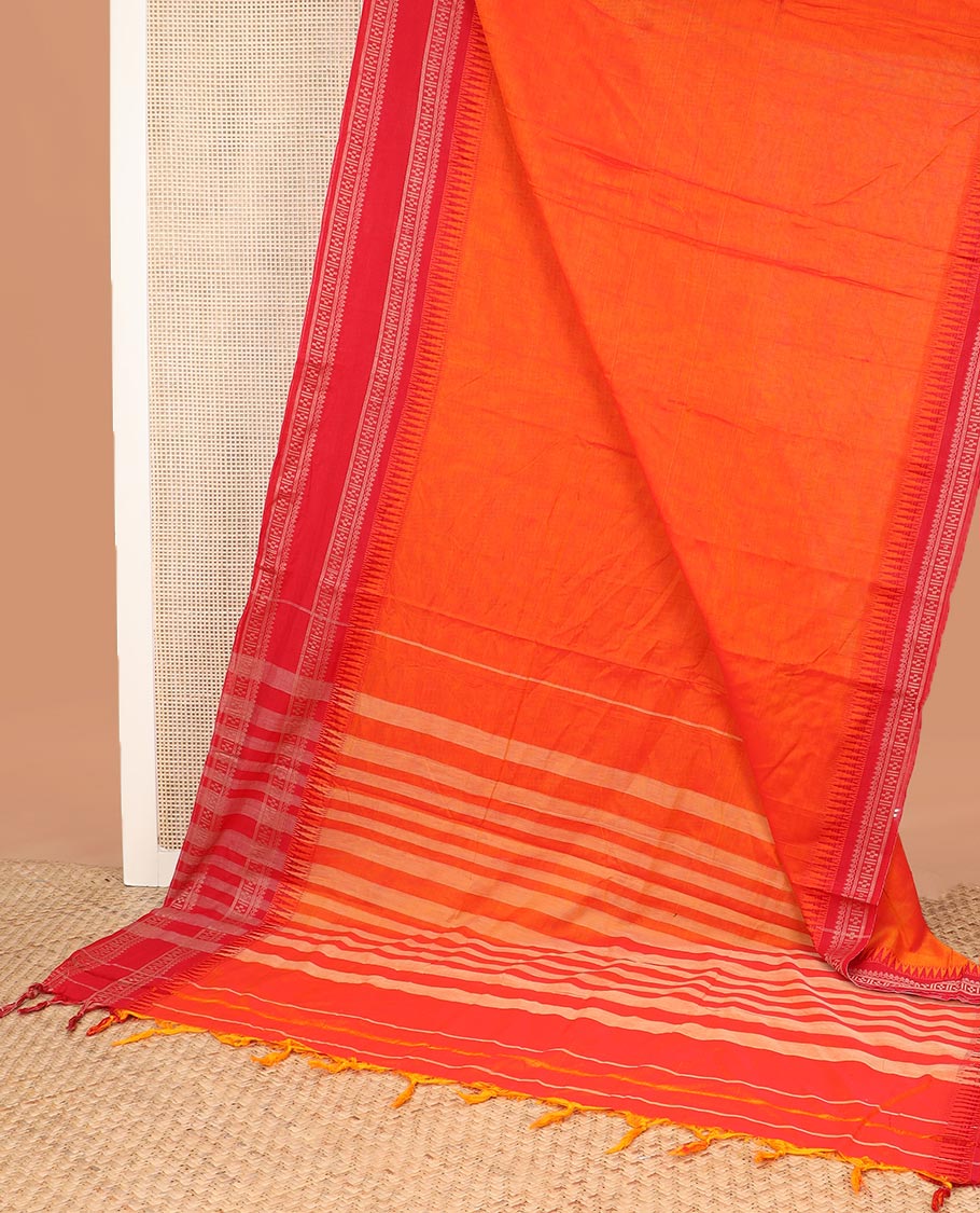 Orange plain Narayanapet cotton saree, contrast traditional thread rettai pettu temple border, and striped pallu