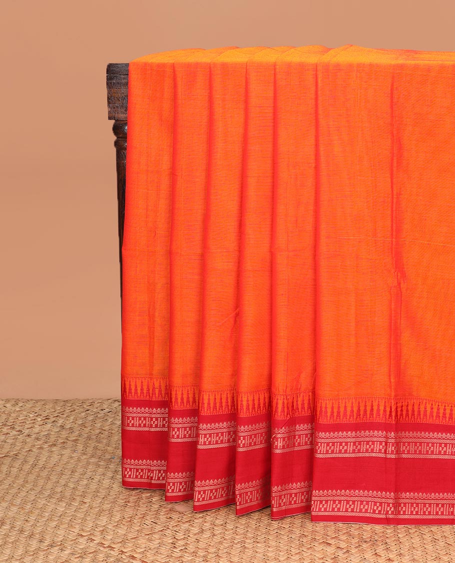 Orange plain Narayanapet cotton saree, contrast traditional thread rettai pettu temple border, and striped pallu