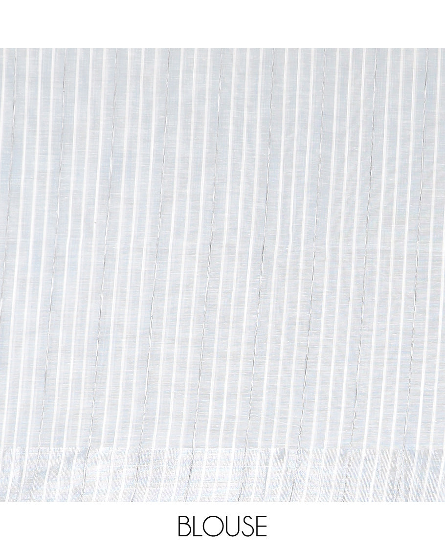 Pastel blue hand brushing style colorful floral printed jute cotton saree, zari with printed border, and striped pallu