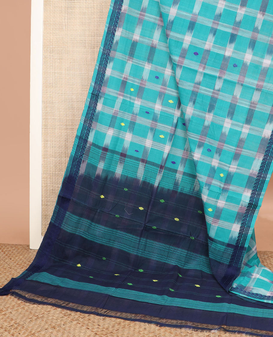 Turquoise Blue buttas and checked Andhra cotton saree, paisley border, and contrast pallu of stripes and buttas