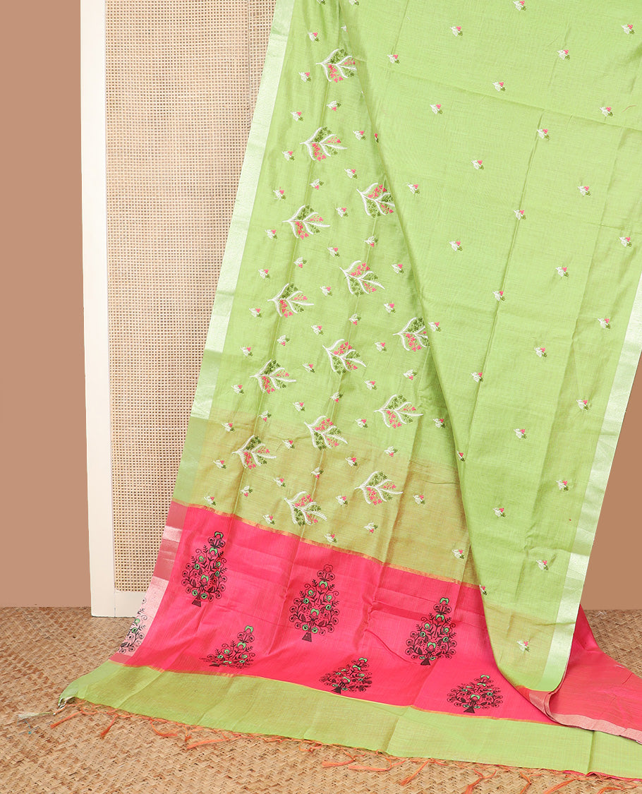 Parrot green floral embroidered chirala cotton saree, plain border, and contrast printed pallu
