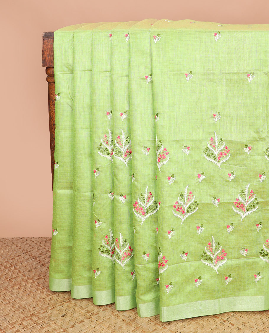 Parrot green floral embroidered chirala cotton saree, plain border, and contrast printed pallu