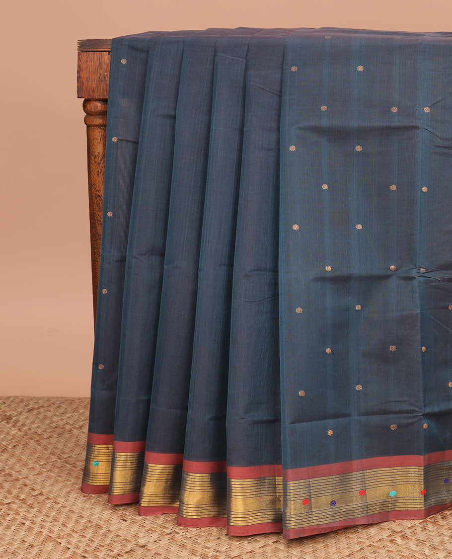 Blue zari buttas Venkatagiri cotton saree, contrast zari and thread work border, and zari striped pallu
