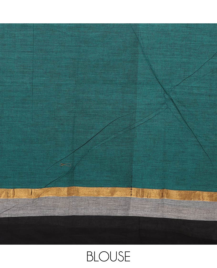 Teal blue floral and leaf printed chirala cotton saree, contrast zari border, and pallu of floral print