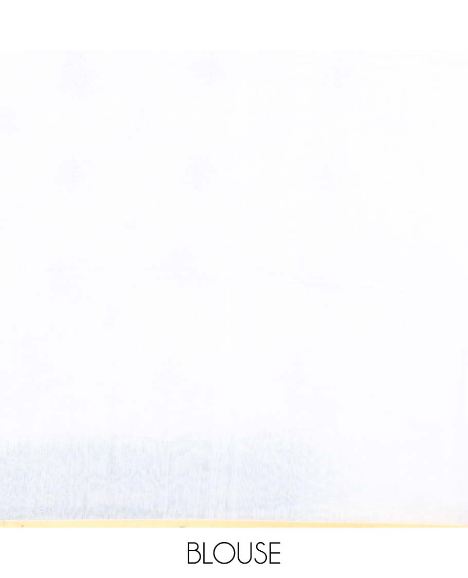 White and light rama blue motifs printed linen cotton saree, contrast temple geometric patterns printed border, and pallu of human doll and geometric print