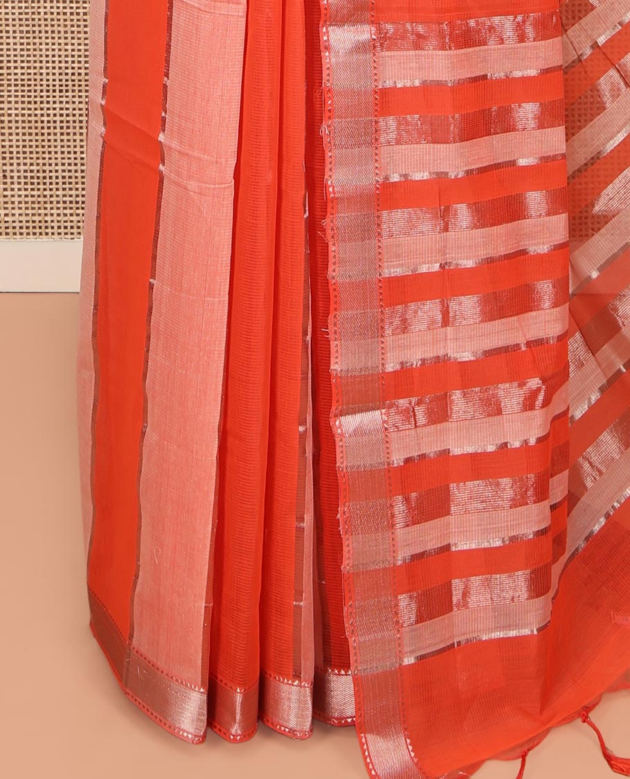 Orange-Peach Mangalgiri Cotton Saree, Gleamed Up with Stripes on Its Body, Highlighted by Zari Temple Border, Zari-Striped Pallu, and Paired with a Matching Blouse