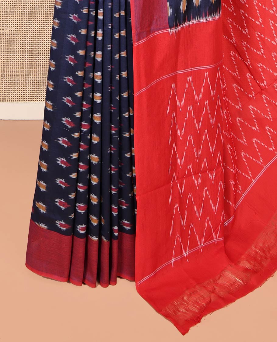 Blue Ikkat Cotton Saree, Embellished with Ikkat-Style Buttas on Its Body, Complemented by Contrast Plain Border, Pallu of Chevron Designs, and Has No Blouse