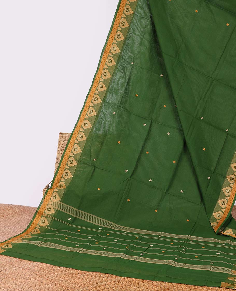 Green buttas Chettinad cotton saree, self-border of unique motifs & striped pallu