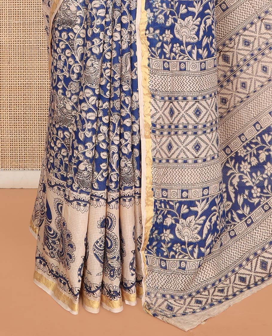 Blue Machine-Printed Kalamkari Cotton Saree Features Floral Vine and Peacock Motifs, a Piping Border, Pallu of Peacock, and a Matching Blouse