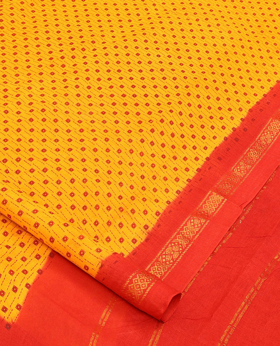 Yellow dotted stripes and buttas nine-yard cotton saree, contrast zari border, and pallu of zari stripes