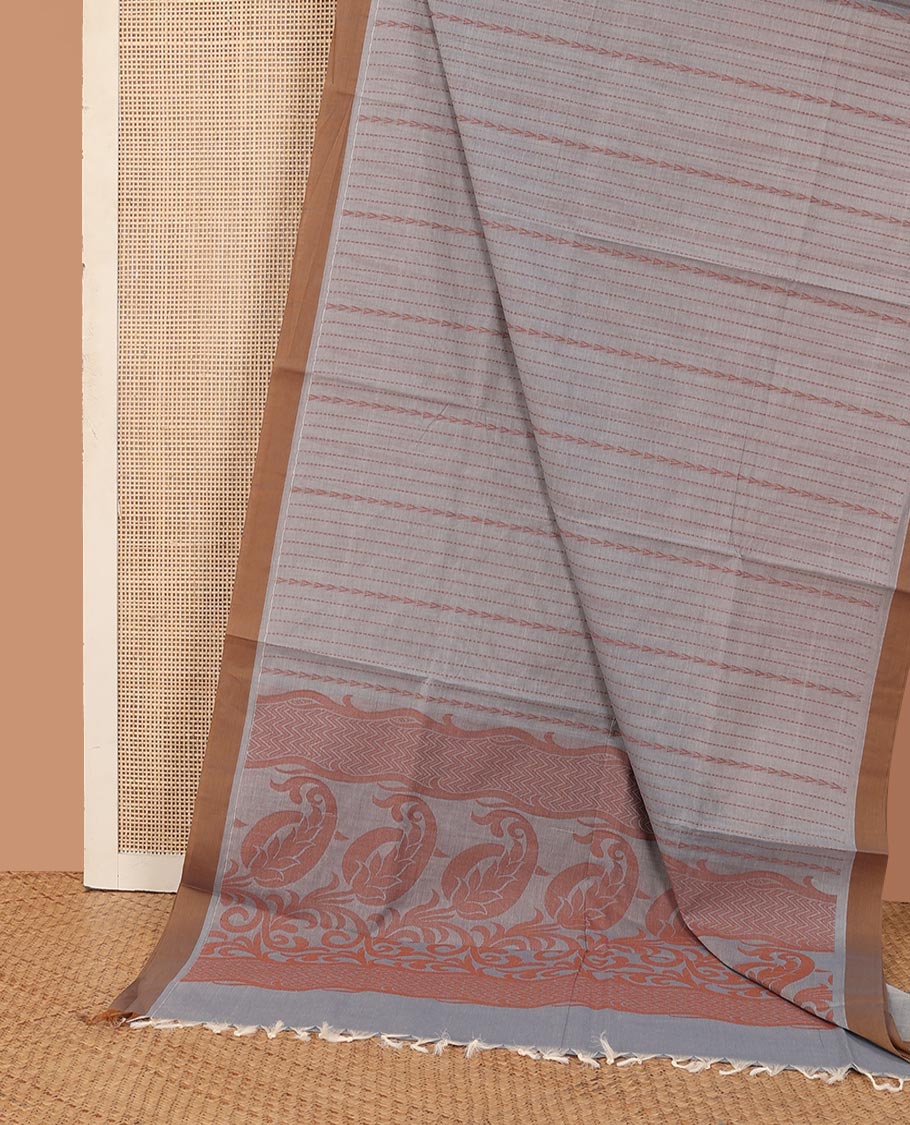 Grey dotted stripes Kanchi cotton saree, contrast plain border, and pallu of paisley designs