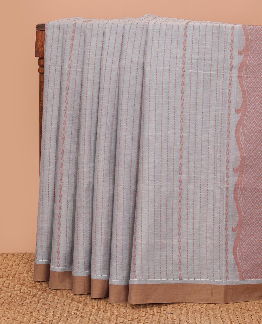 Grey dotted stripes Kanchi cotton saree, contrast plain border, and pallu of paisley designs