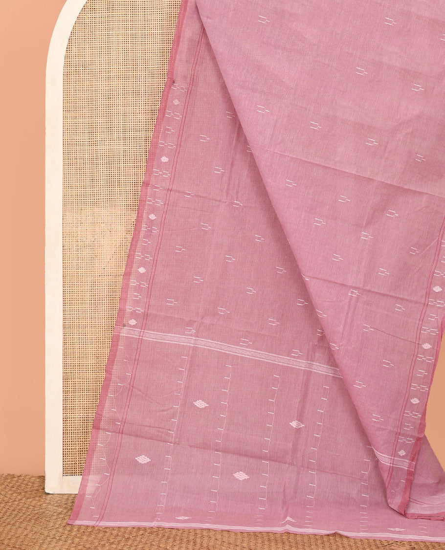 Pink Bengal Cotton Saree Delicately Woven with Temple Thread Buttas, a Self-Border, Self-Pallu, and No Blouse