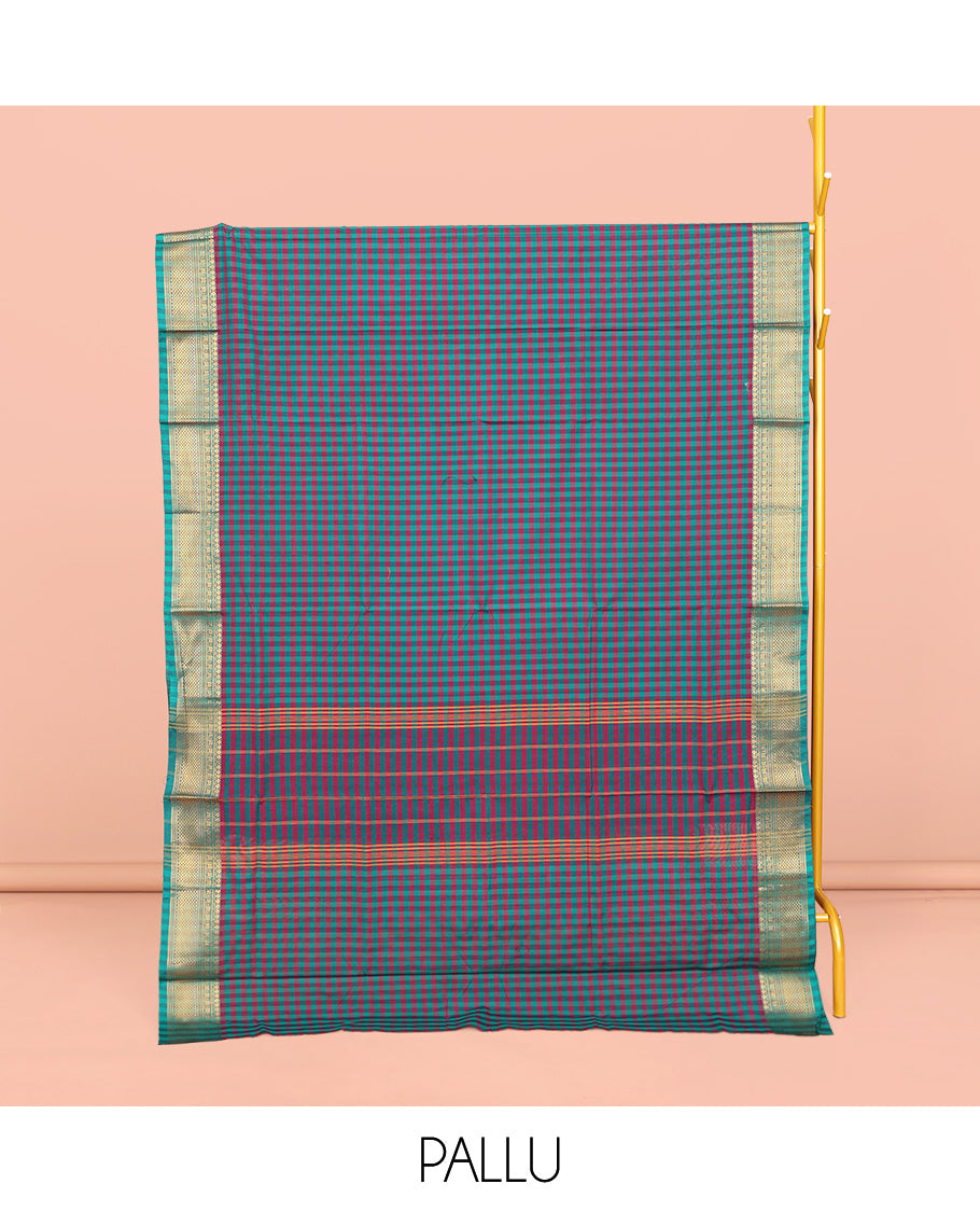 Blue-Red Chettinad Cotton Saree, Features Micro-Checks, Highlighted by Traditional Zari Border, Striped Pallu, and No Blouse