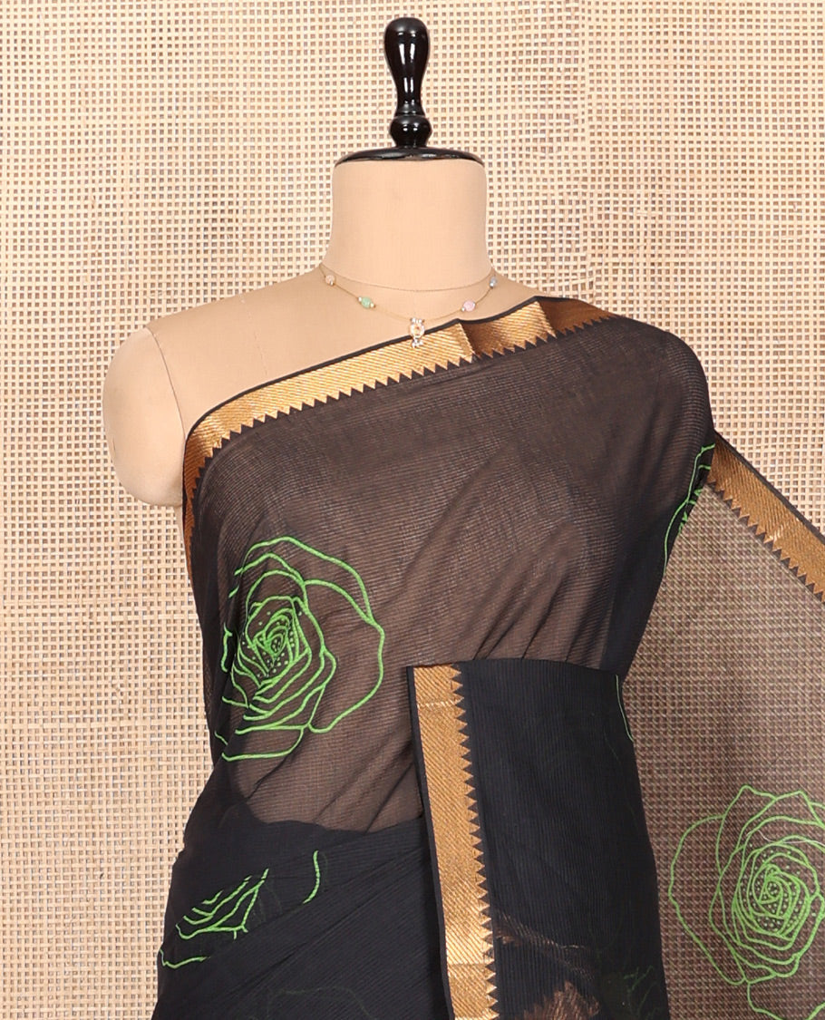 Black Striped Andhra Cotton Saree, Beautifully Bedecked with Floral Motifs Print, Highlighted by a Temple Zari Border, Contrast Striped Pallu, and a Contrast Blouse