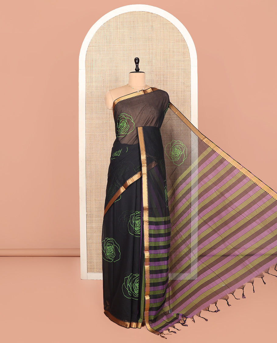 Black Striped Andhra Cotton Saree, Beautifully Bedecked with Floral Motifs Print, Highlighted by a Temple Zari Border, Contrast Striped Pallu, and a Contrast Blouse