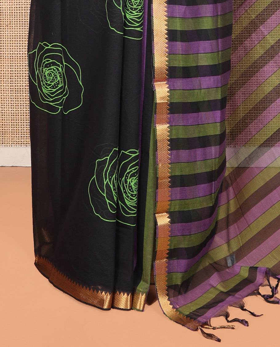 Black Striped Andhra Cotton Saree, Beautifully Bedecked with Floral Motifs Print, Highlighted by a Temple Zari Border, Contrast Striped Pallu, and a Contrast Blouse