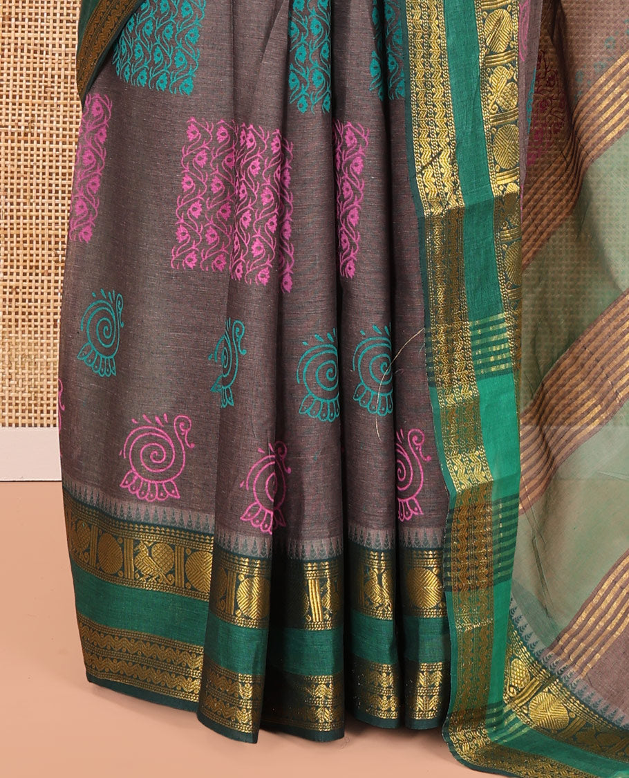 Grey-Green Andhra Cotton Saree, Decorated with Motifs Print, a Contrast Rettai Pettu Traditional Border, Pallu of Stripes, and Contrast Blouse
