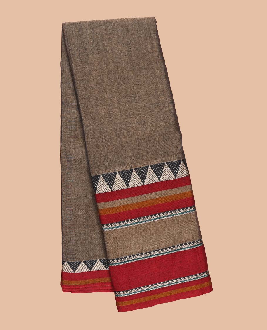 Brown plain Narayanapet cotton saree, contrast traditional design border & striped pallu