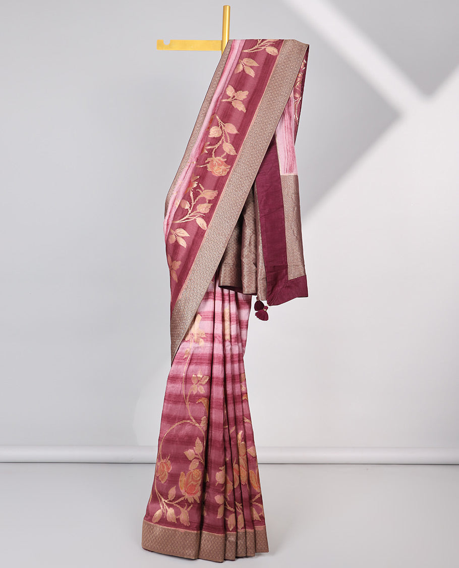 Maroon striped with floral semi-banaras dola silk saree with contrast zari border & pallu of argyle border